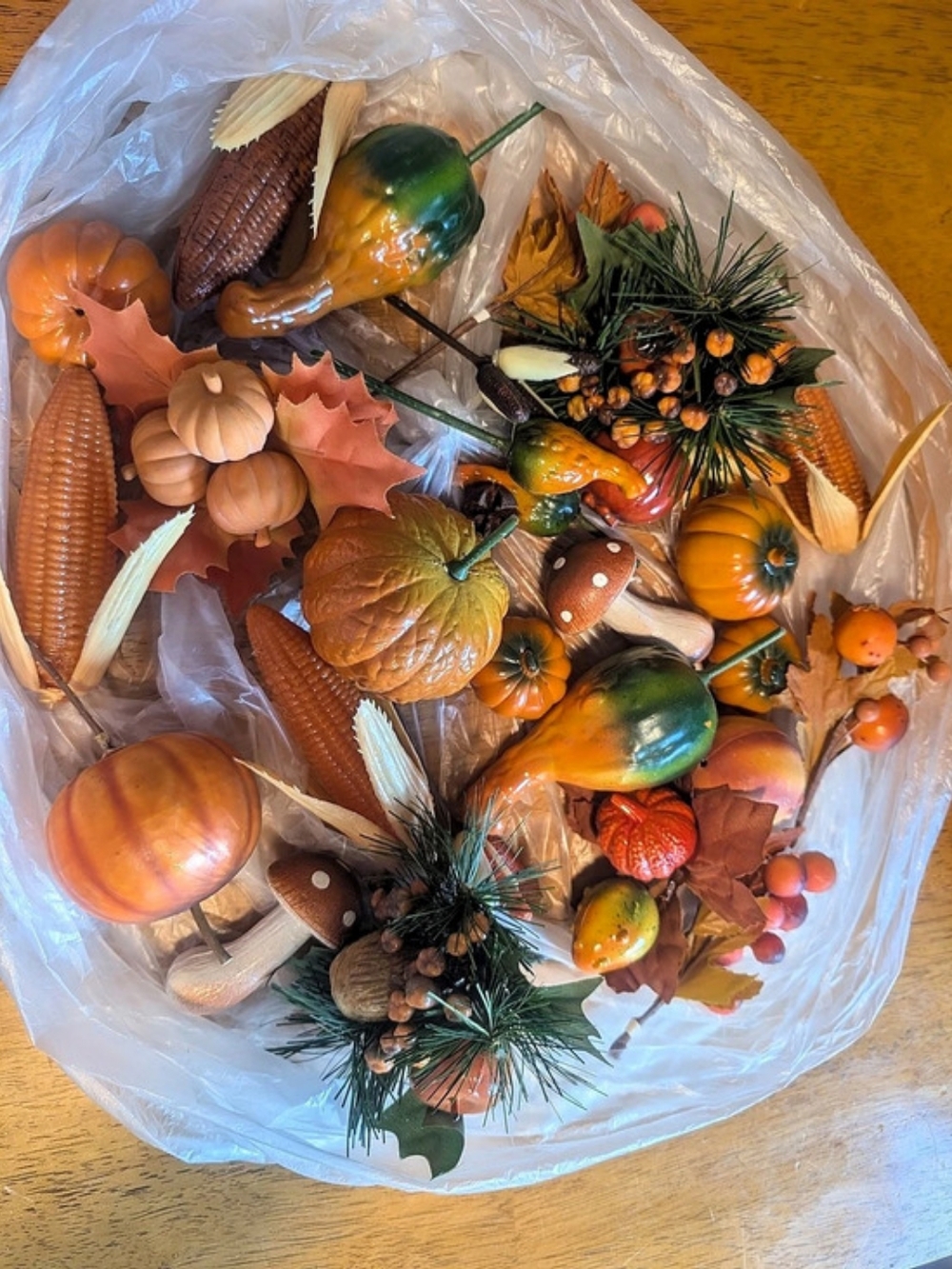 Fall Harvest Pumpkin, Corn, Mushroom Decor Arrangement